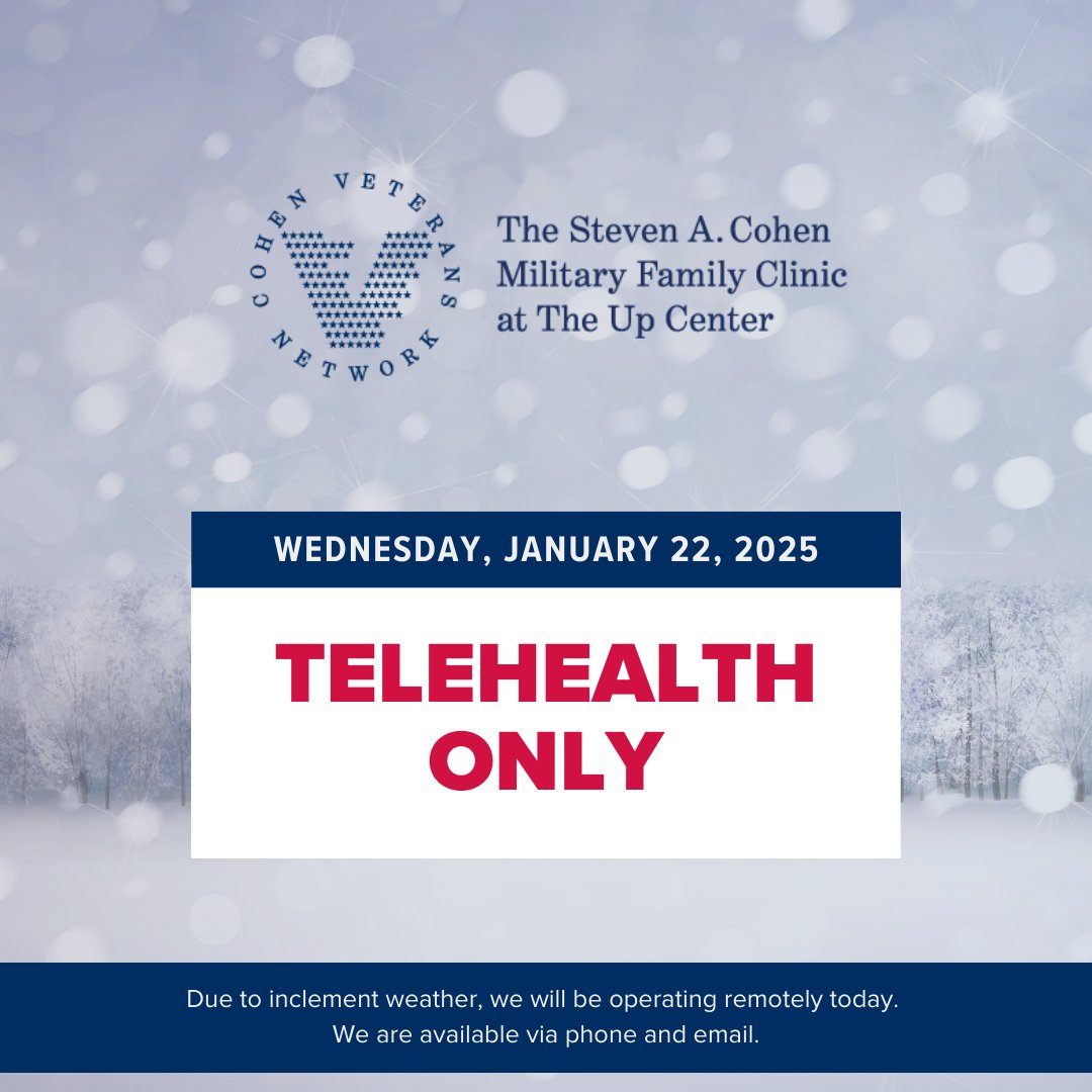 Due to inclement weather, the Cohen Clinic at The Up Center is operating remotely today. All sessions will take place via #telehealth. If you have any questions, please call us at 757-965-8686. 

If you are in crisis, dial 988 and press "1" for veterans.