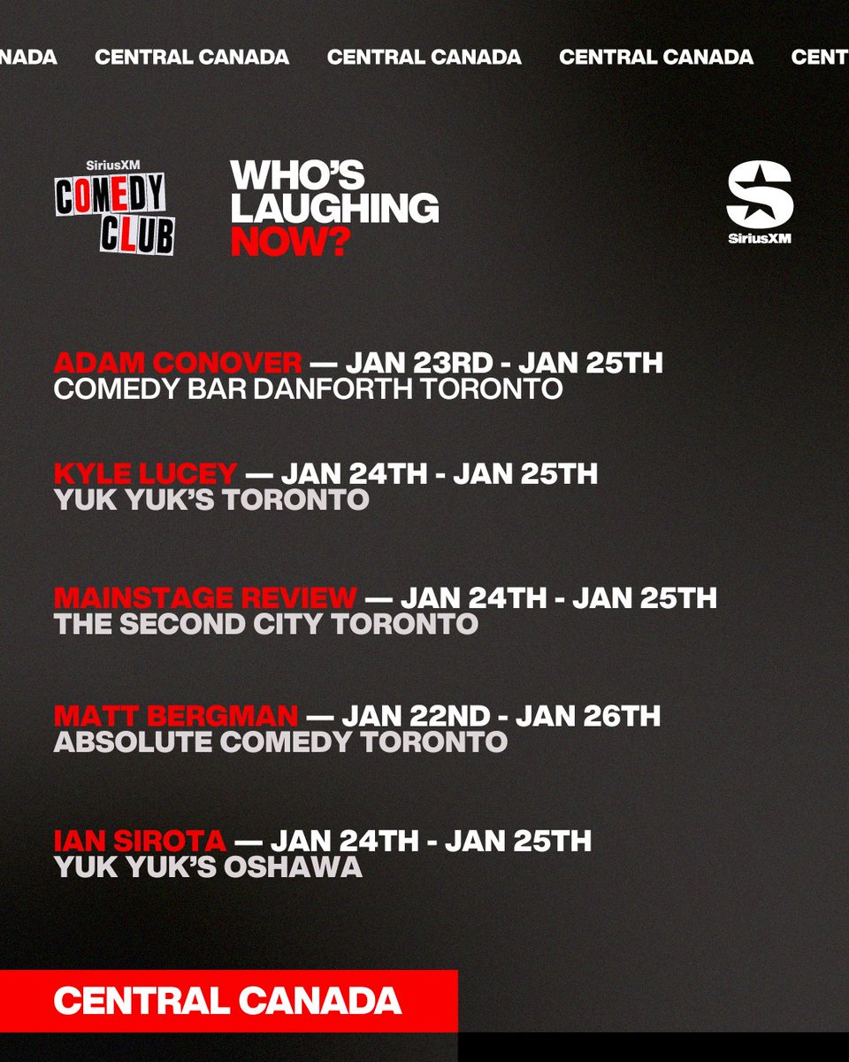 sxmcomedyclub's tweet photo. Check out some great comics live in action as #WhosLaughingNow shows off this week's #CentralCanada’s #ComedyCalender. 

Get ready for some great laughs! 

Can't make it to a show? Then get your comedy fix by tuning into the #SXMComedyclub ch. 168! https://t.co/vjr8Ly1hos