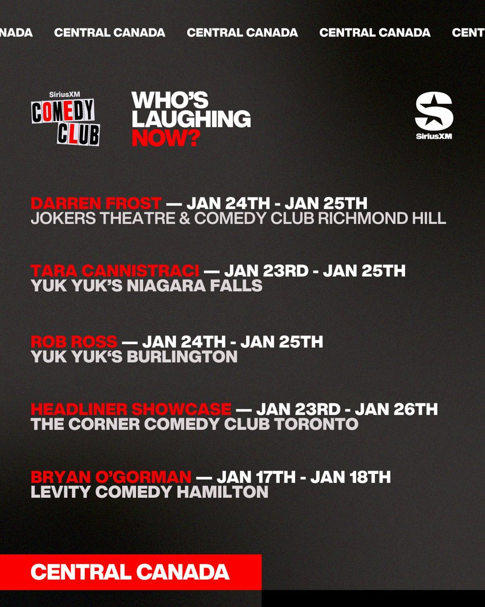 sxmcomedyclub's tweet photo. Check out some great comics live in action as #WhosLaughingNow shows off this week's #CentralCanada’s #ComedyCalender. 

Get ready for some great laughs! 

Can't make it to a show? Then get your comedy fix by tuning into the #SXMComedyclub ch. 168! https://t.co/vjr8Ly1hos