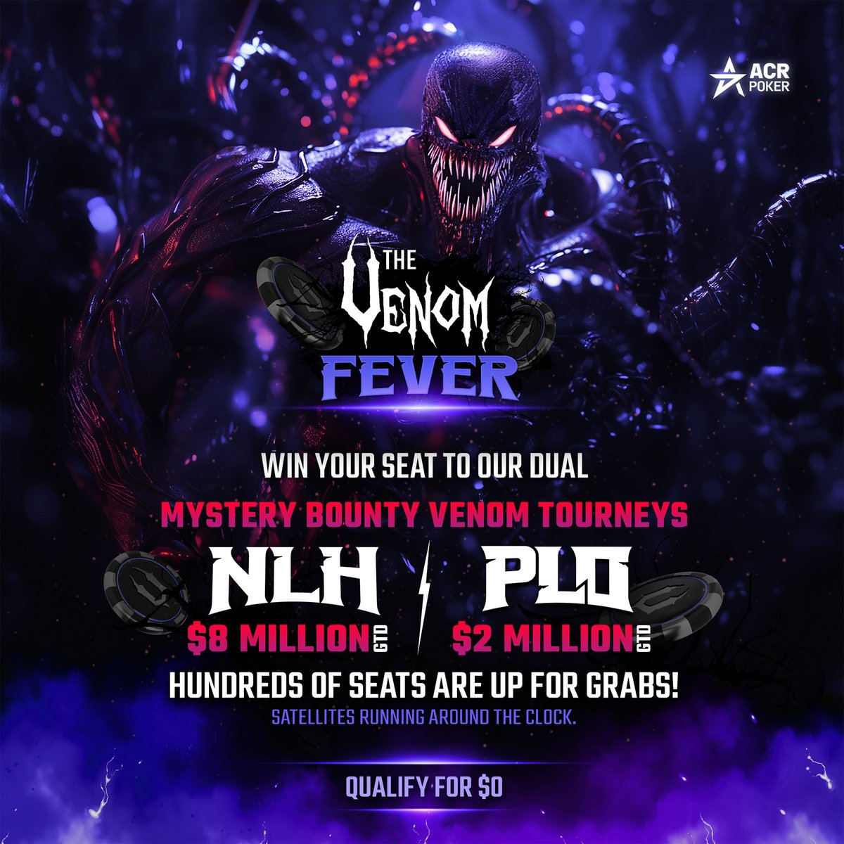 ⏰ Last week of Venom Fever! ⏰ 

828 guaranteed seats to our $8M NLH &amp; $2M PLO Dual Mystery Bounty Venoms are on the line. 

Satellites run until next Sunday, February 2nd, giving you a shot at the big leagues for pennies—or nothing at all! 😉

Find out how to qualify here 👉🏼