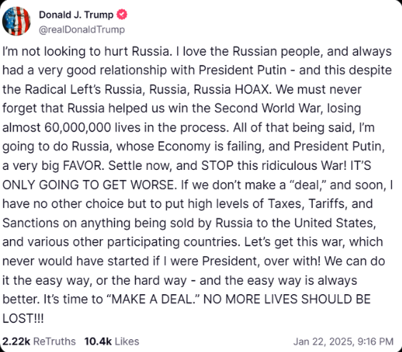 🚨🇺🇸 Trump Urges Russia to End War

“I’m not looking to hurt Russia. I’ve always had a good relationship with Putin. But if this war doesn’t end, I’ll impose high Taxes, Tariffs, and Sanctions. It’s time to make a deal. No more lives should be lost!”

Trump says the war never