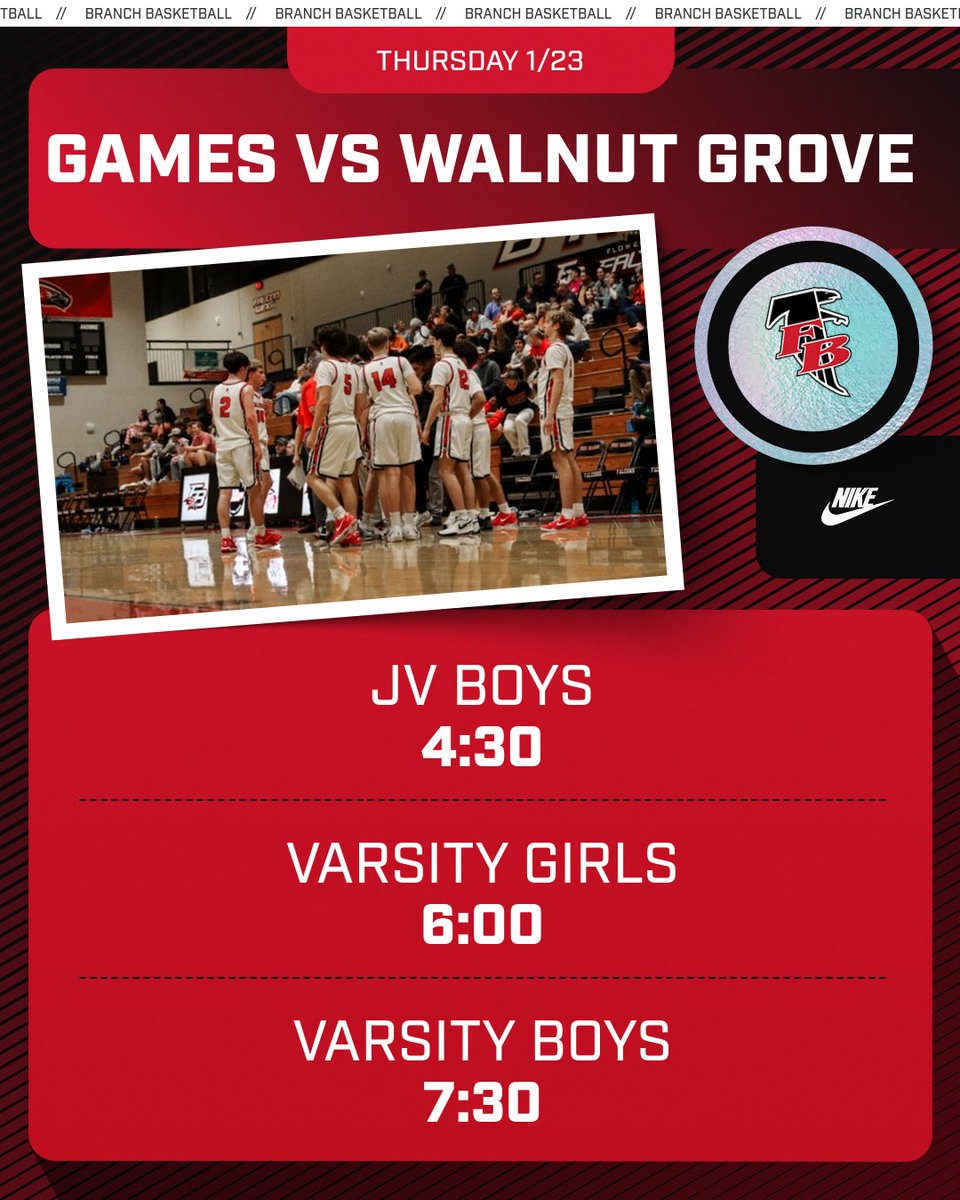 branchboysbball's tweet image. NO GAMES TODAY.... Hopefully we will get to play tomorrow.
Thursday vs Walnut Grove
JVB- 4:30
VG- 6:00
VB- 7:30
