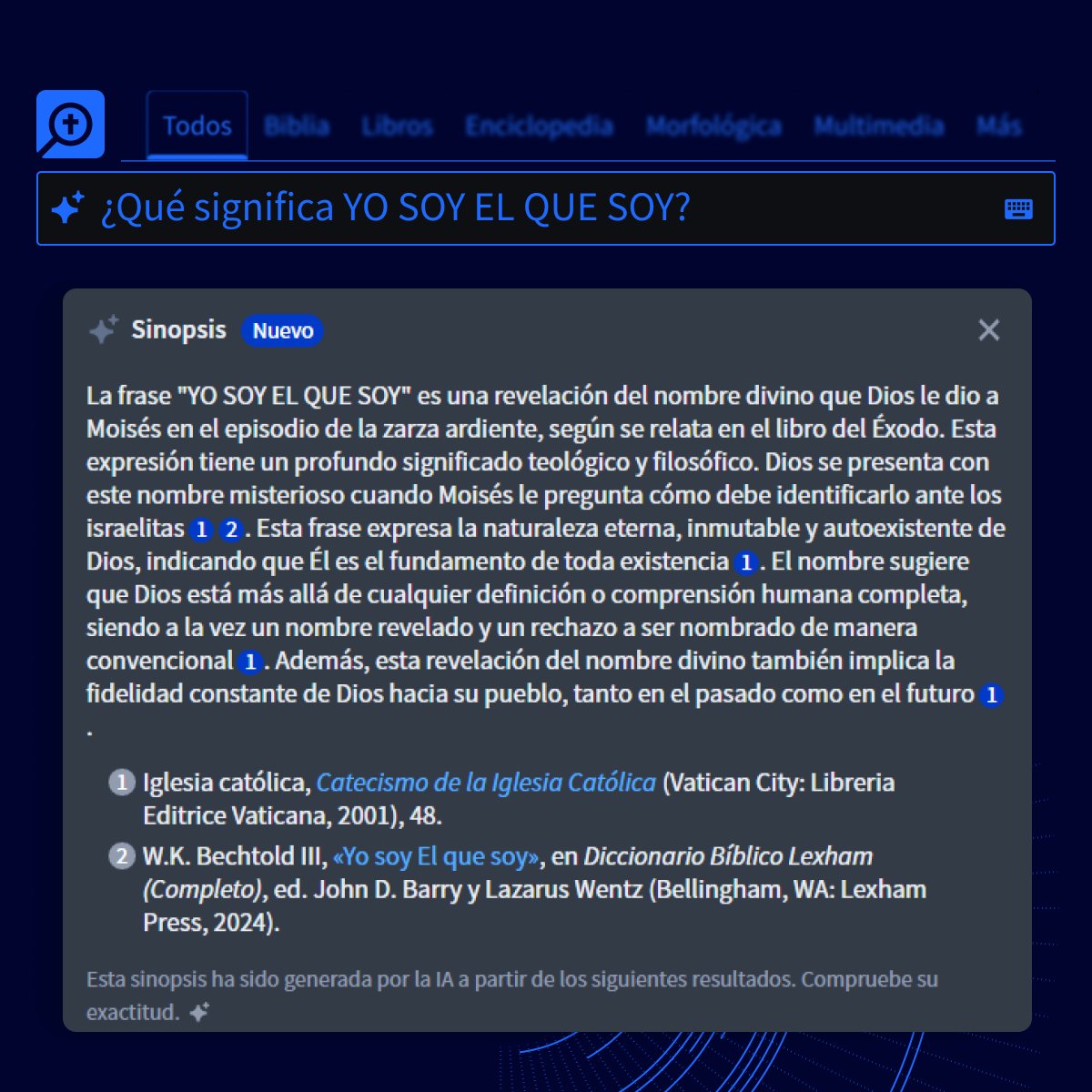EstudioBiblia's tweet photo. ¿Qué signifca "Yo Soy El Que Soy"?
Le preguntamos a la IA de Logos qué significa la expresión "Yo Soy El Que Soy".
¡Así de fácil es encontrar respuestas resumidas y confiables a preguntas frecuentes que los creyentes nos podemos llegar a hacer!
#LogosSoftware #IA #YoSoyElQueSoy https://t.co/K6CiUNy4un