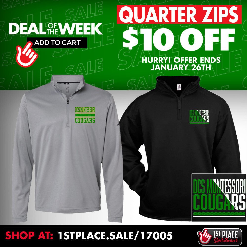 Look good in a new DCS Montessori Charter School 1/4 zip jacket! This week only, save $10 on all 1/4 zips! Shop at 1stplace.sale/17005