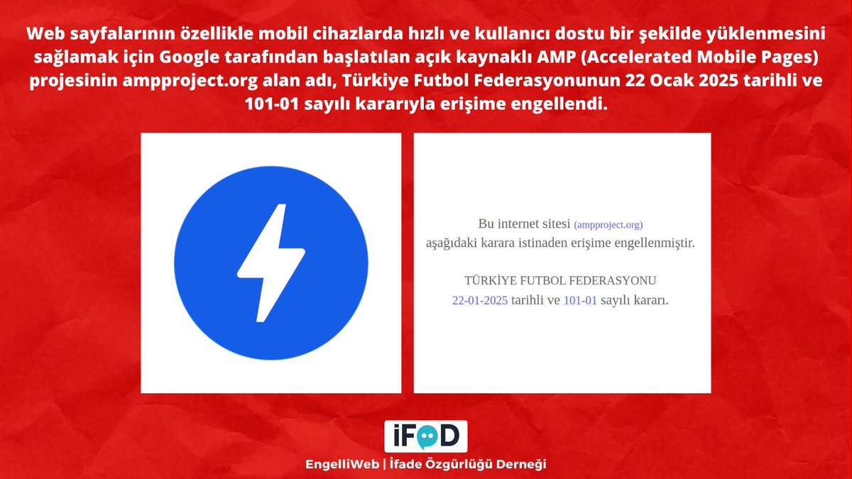 engelliweb's tweet photo. Mobilde hızlı web deneyimi sunan AMP projesinin https://t.co/Tr5XZeDpEY alan adı, Türkiye Futbol Federasyonunun 22 Ocak 2025 tarihli ve 101-01 sayılı kararıyla erişime engellendi. Bu engelleme sebebiyle çeşitli web sitelerine girişte sorunlar yaşanıyor. https://t.co/GoFHYp8mH7 https://t.co/tMRUKbZQU5