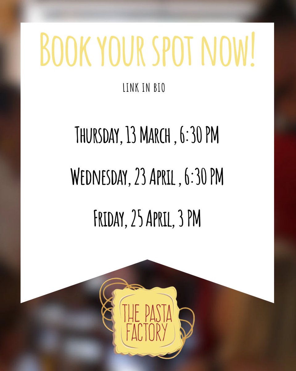 pastafactoryuk's tweet photo. NEW DATES #pastamasterclass 

Please send an email to:

Ciao@pastafactory.co.uk

@pastafactoryuk https://t.co/sHm641fVK2