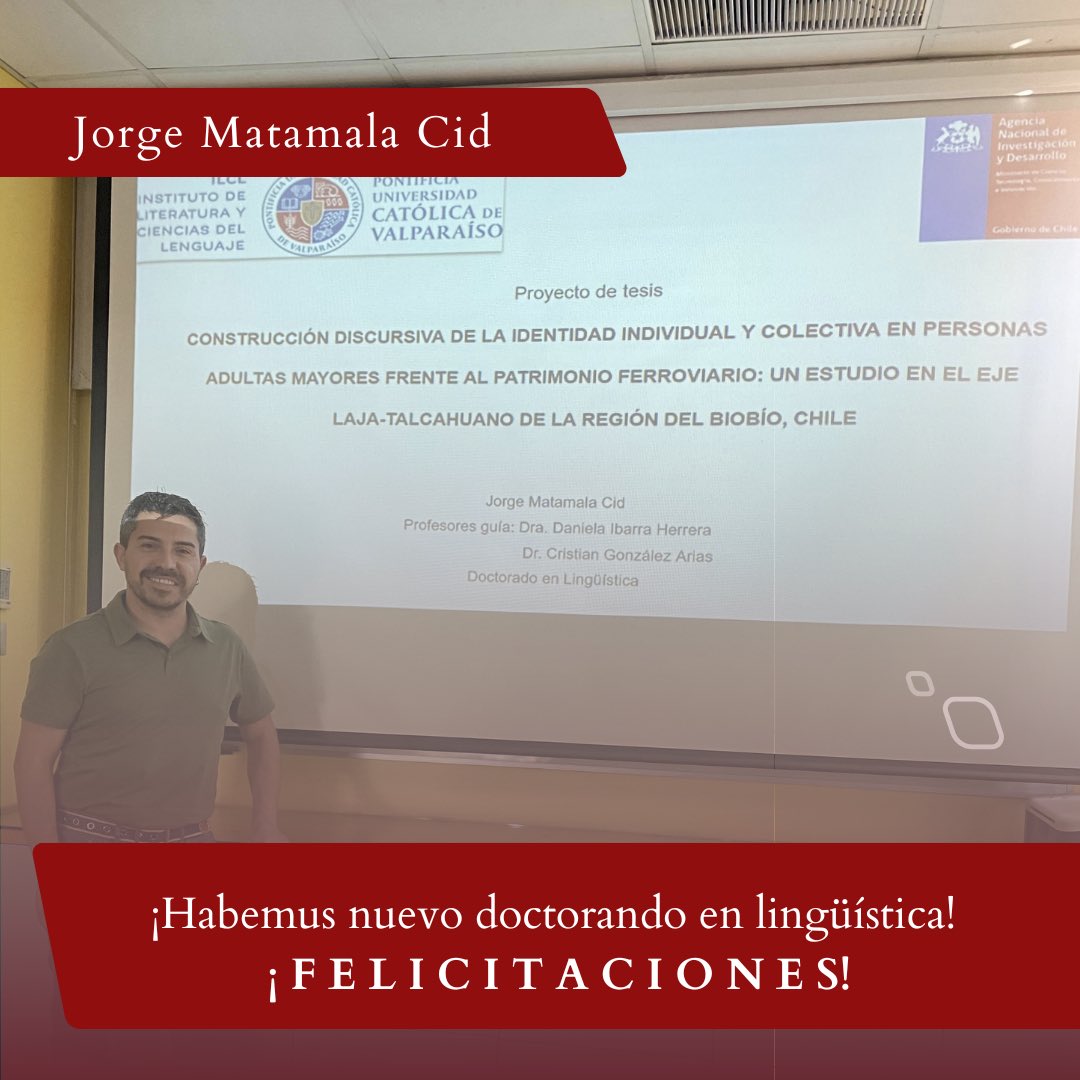 DocLingPUCV's tweet image. 🥳 Felicitamos a Jorge Matamala Cid por la defensa de su proyecto de titulo  “Construcción discursiva de la identidad individual y colectiva en personas adultas mayores frente al patrimonio ferroviario: un estudio en el eje Laja-Talcahuano de la región del Biobío, Chile”. 👏🏼👏🏼👏🏼