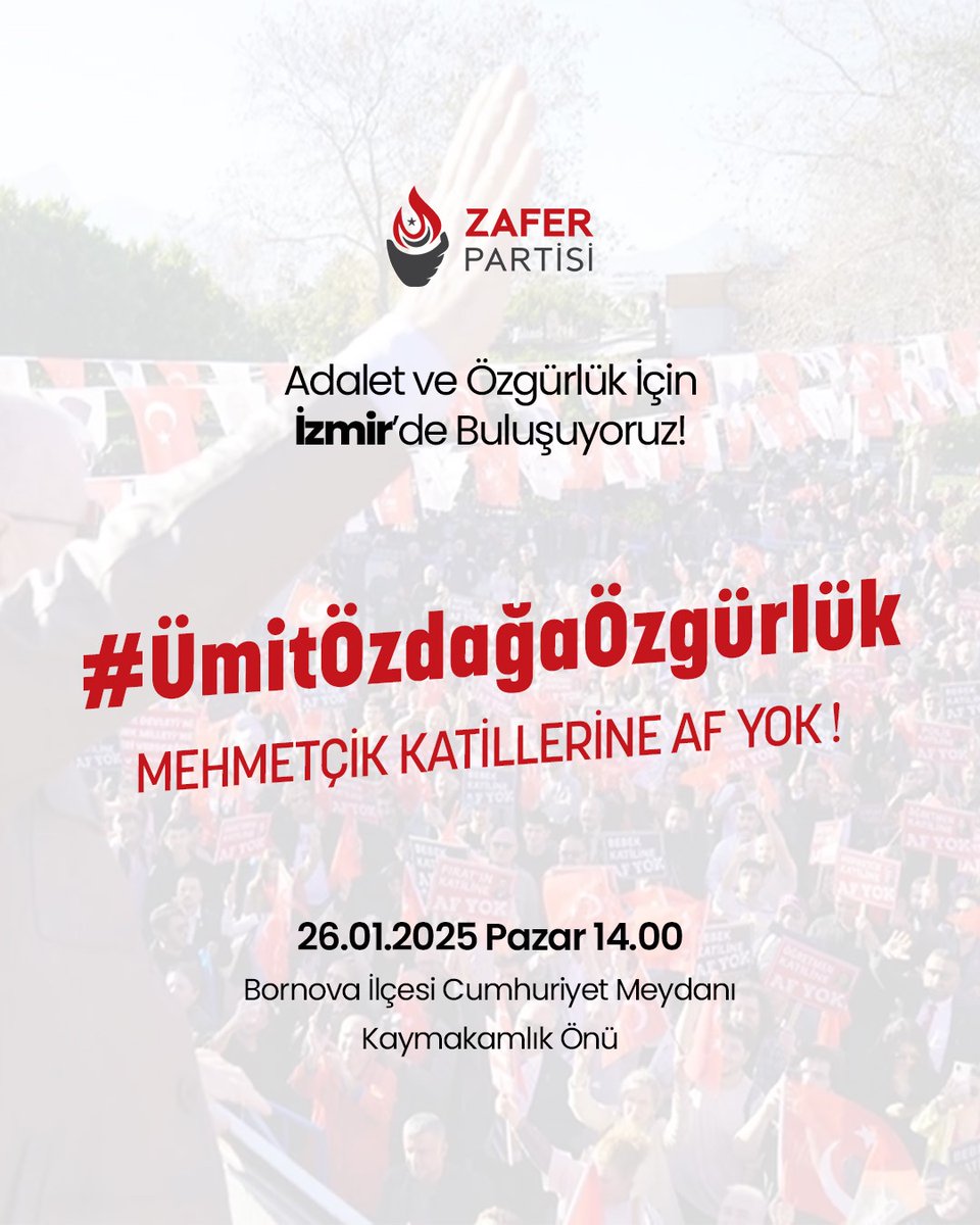 zaferpartisi's tweet photo. Birlik ve dayanışmanın gücüyle kararlılıkla yürüyoruz. Yanımızda duran, desteğini esirgemeyen tüm vatandaşlarımıza gönülden teşekkür ediyoruz.

Şimdi, sesimizi daha güçlü bir şekilde yükseltme zamanı! Mehmetçik katillerine af yok! Adaletin ve şehitlerimizin hatırasına sahip çıkmak için tüm halkımızı bu tarihi mitinge davet ediyoruz.

Siyasi hesaplarla özgürlüğü kısıtlanmaya çalışılan Genel Başkanımız Sayın Prof. Dr. Ümit Özdağ’ın haklı mücadelesine destek olmak için buradayız.

Gelin, birlikte haykıralım: Vatan bizim, zafer bizim!

#ÜmitÖzdağaÖzgürlük