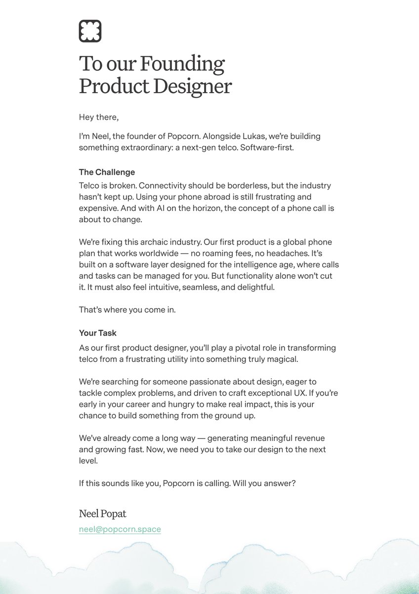 Neel Popat (@theneelpopat) on Twitter photo We're on the hunt for a Founding Product Designer at <a href="/onpopcorn_/">Popcorn</a>🪩
Please like + RT. Our future hire will thank you :) We're on the hunt for a Founding Product Designer at <a href="/onpopcorn_/">Popcorn</a>🪩
Please like + RT. Our future hire will thank you :)