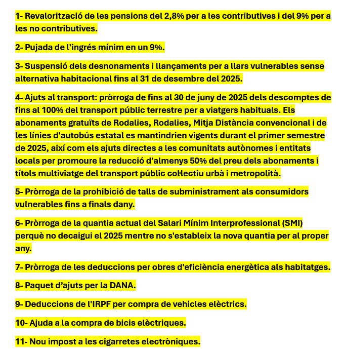 Com és habitual, Junts ja està venent el seu «relat» dient que han votat en contra perquè hi havia més mesures que la revalorització de les pensions i els ajuts al transport públic.
És veritat. Les mesures són totes aquestes.
M'agradaria saber de quines està en contra Junts.
