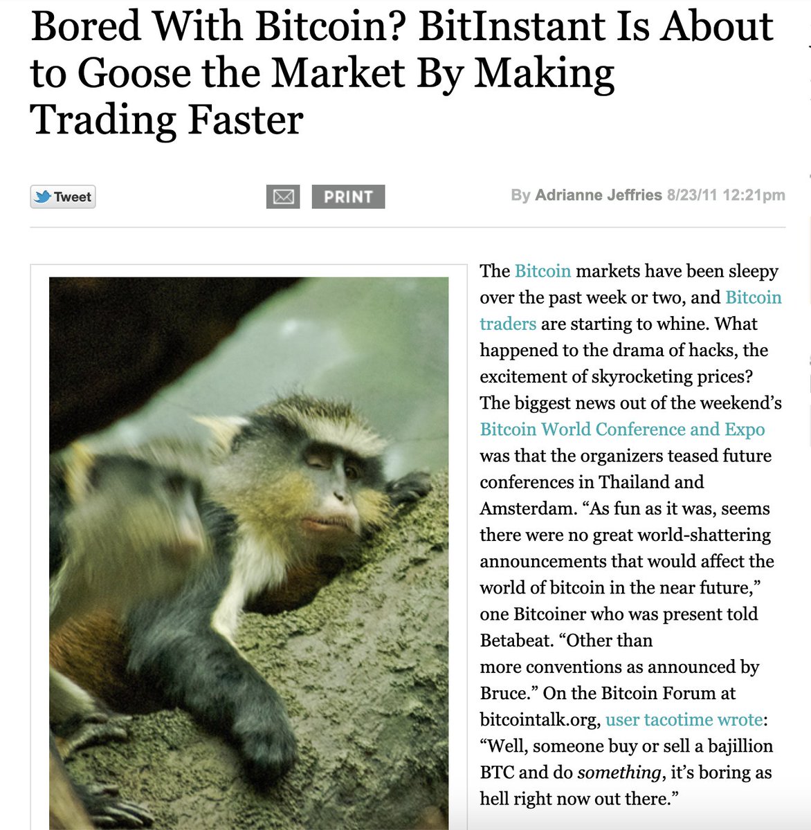 Bitcoin in 2011 - “Well, someone buy or sell a bajillion BTC and do something, it’s boring as hell right now out there.” 

Bored With Bitcoin? BitInstant Is About to Goose the Market By Making Trading Faster web.archive.org/web/2012060309…