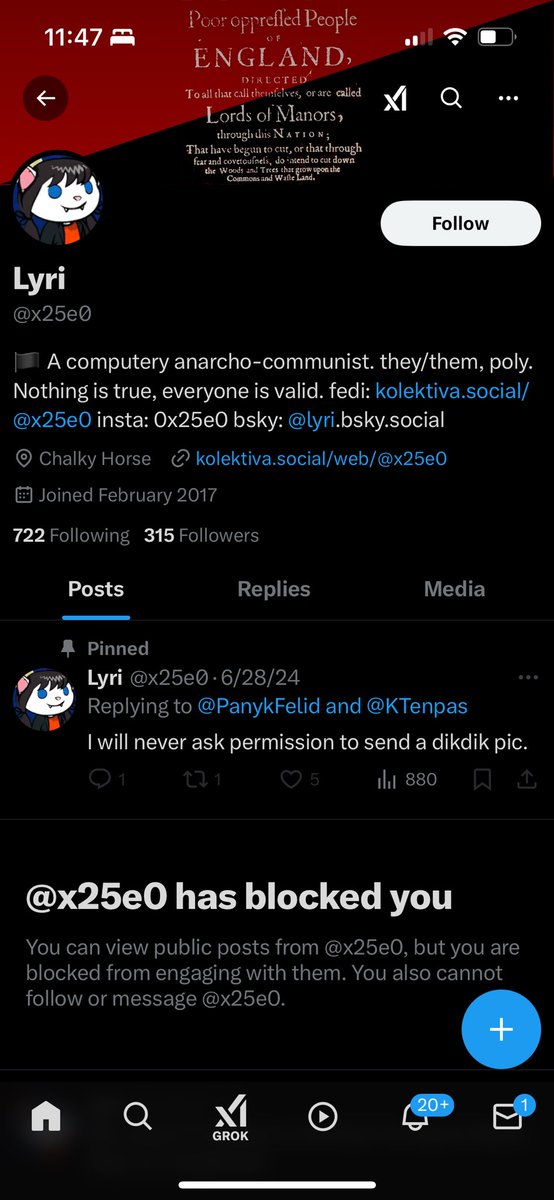 Asked for a definition of sex that has utility while covering all potential edge cases. Gets provided with the definition, rejects it by rejecting basic biology, gets called out for it, and blocks as a rage quit. Gotta love fucktards like <a href="/x25e0/">Lyri</a>