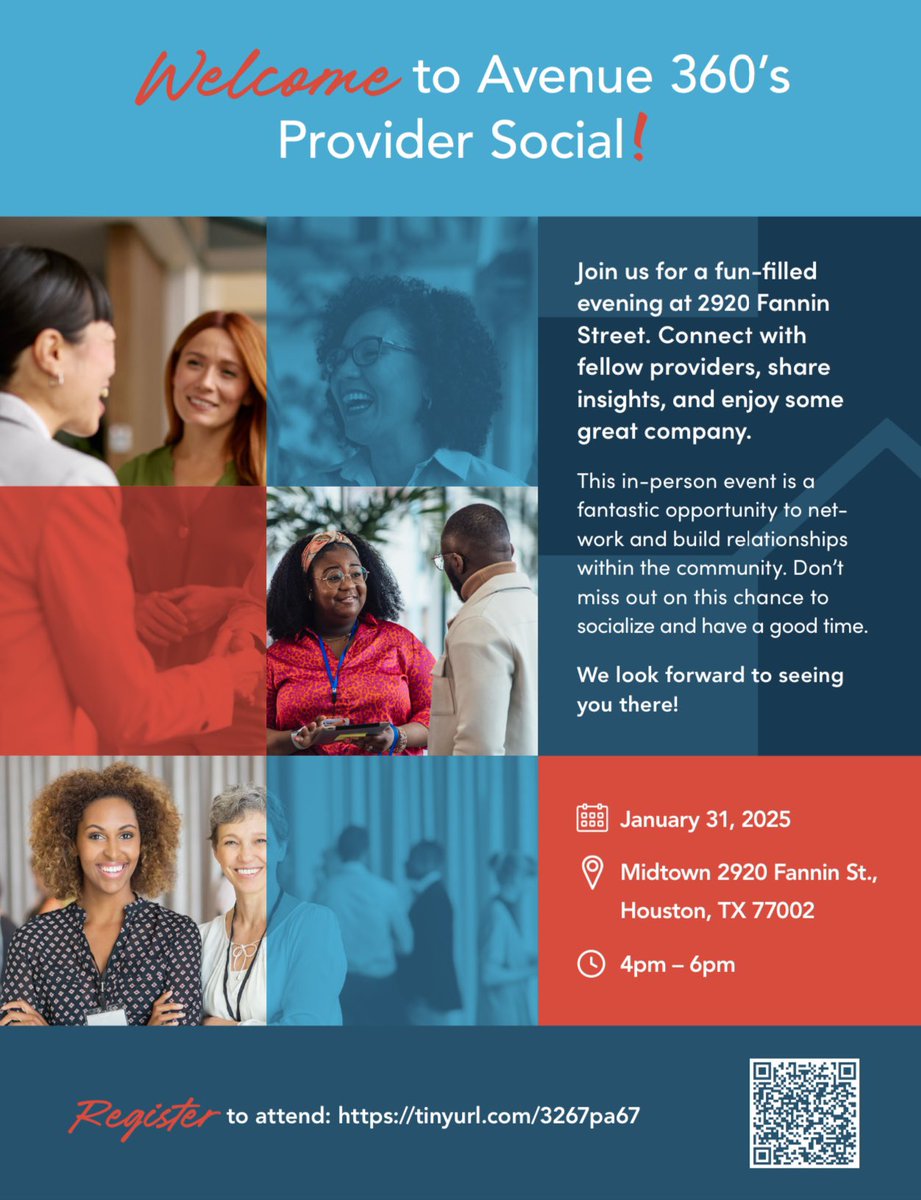 Join Avenue 360’s Provider Social!

📅 Friday, Jan. 31, 2025
📍 2920 Fannin St., Houston, TX
⏰ 4 PM – 6 PM

Network, connect, and have fun with fellow providers! Don’t miss it.

RSVP: eventbrite.com/e/avenue-360s-…