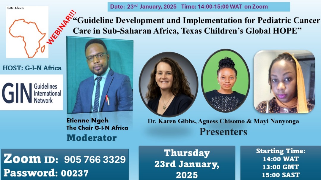 eBASE Africa (@ebase_africa) on Twitter photo Join the GIN Africa community tomorrow, Jan 23rd, for their webinar on "Guideline Development and Implementation for Pediatric Cancer Care in Sib-Saharan Africa, Texas Children's global HOPE."
⏰️2pm-3pm (WAT)
<a href="/AliveEvidence/">Alliance for Living Evidence (Alive)</a> <a href="/gin_member/">GIN Member</a> <a href="/WHO_Europe/">WHO/Europe</a> <a href="/FrontPubHealth/">Frontiers - Public Health</a> Join the GIN Africa community tomorrow, Jan 23rd, for their webinar on "Guideline Development and Implementation for Pediatric Cancer Care in Sib-Saharan Africa, Texas Children's global HOPE."
⏰️2pm-3pm (WAT)
<a href="/AliveEvidence/">Alliance for Living Evidence (Alive)</a> <a href="/gin_member/">GIN Member</a> <a href="/WHO_Europe/">WHO/Europe</a> <a href="/FrontPubHealth/">Frontiers - Public Health</a>