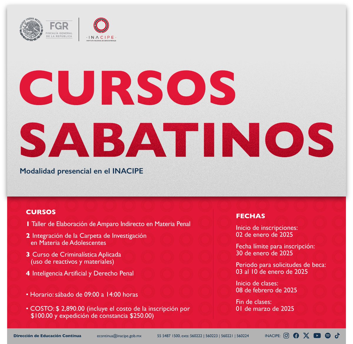 No te pierdas la oportunidad de formar parte de la #ComunidadINACIPE, 🤓 te presentamos la oferta académica de cursos sabatinos actualizados en modalidad presencial que estarán disponibles para ti. 📚 ¡Aún estás a tiempo de inscribirte!