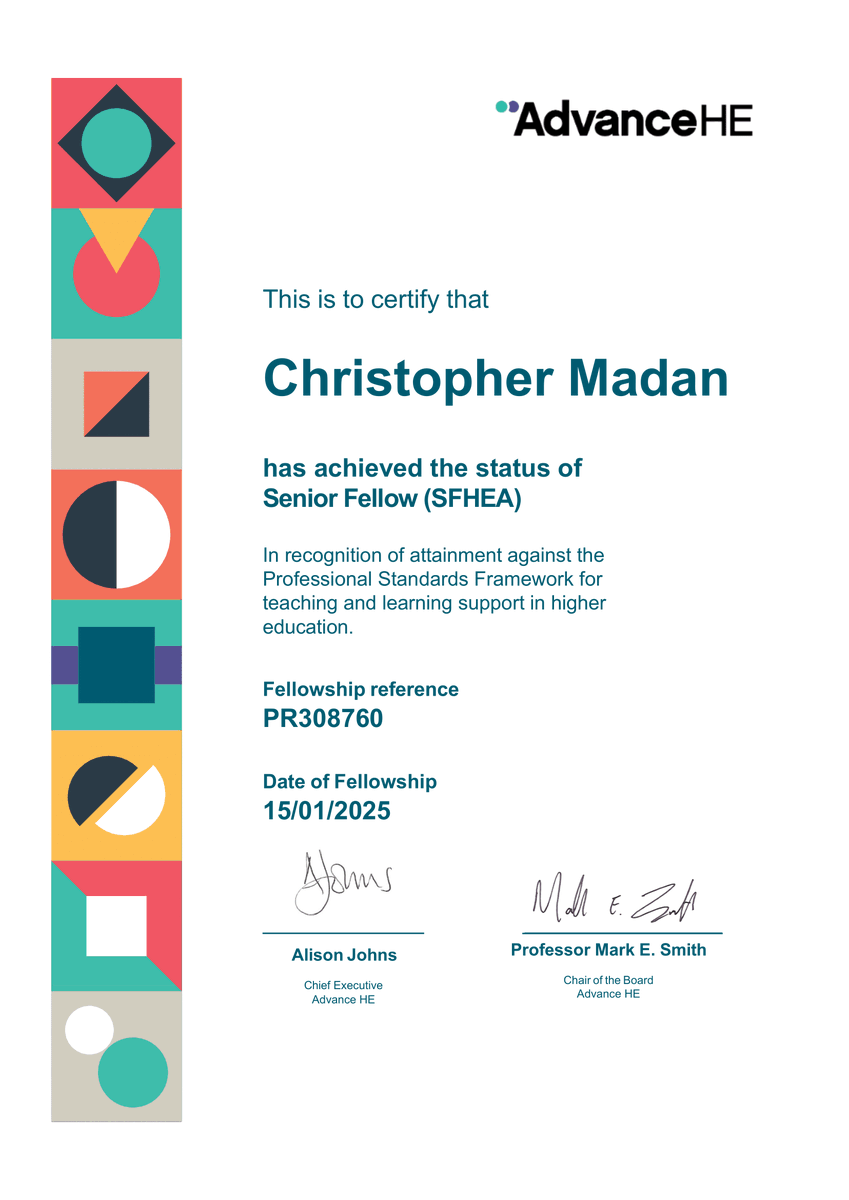 It's official!! In recognition of my contributions to higher education--including research methods training, application of learning sciences to other fields, and post-PhD career guidance resource development--I have been awarded Senior Fellow from Advance HE (SFHEA).