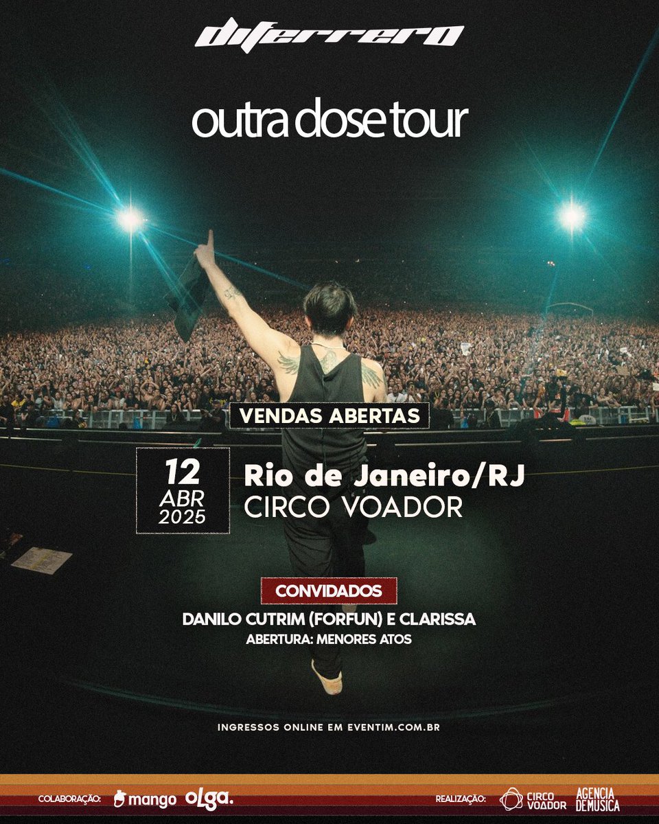 DiFerrero's tweet photo. Eai RJ , To chegando com Time Pesado !

Em Abril Junto com Danilo Cutrim e Clarissa no Circo Voador! Abertura de um banda que sou fã Menores Atos ! Vai ser histórico !

As vendas já estão abertas, então corre pra garantir o  seu ingresso ⚡ Espero vcs !!

📅 12 de Abril - 20h
📍 Circo Voador - Rio de Janeiro/RJ

-

Colaboração: Mango Lab + Olga
Realização: Circo Voador + Agência de Música

Link dos ingressos: https://t.co/UX4gTKasl5