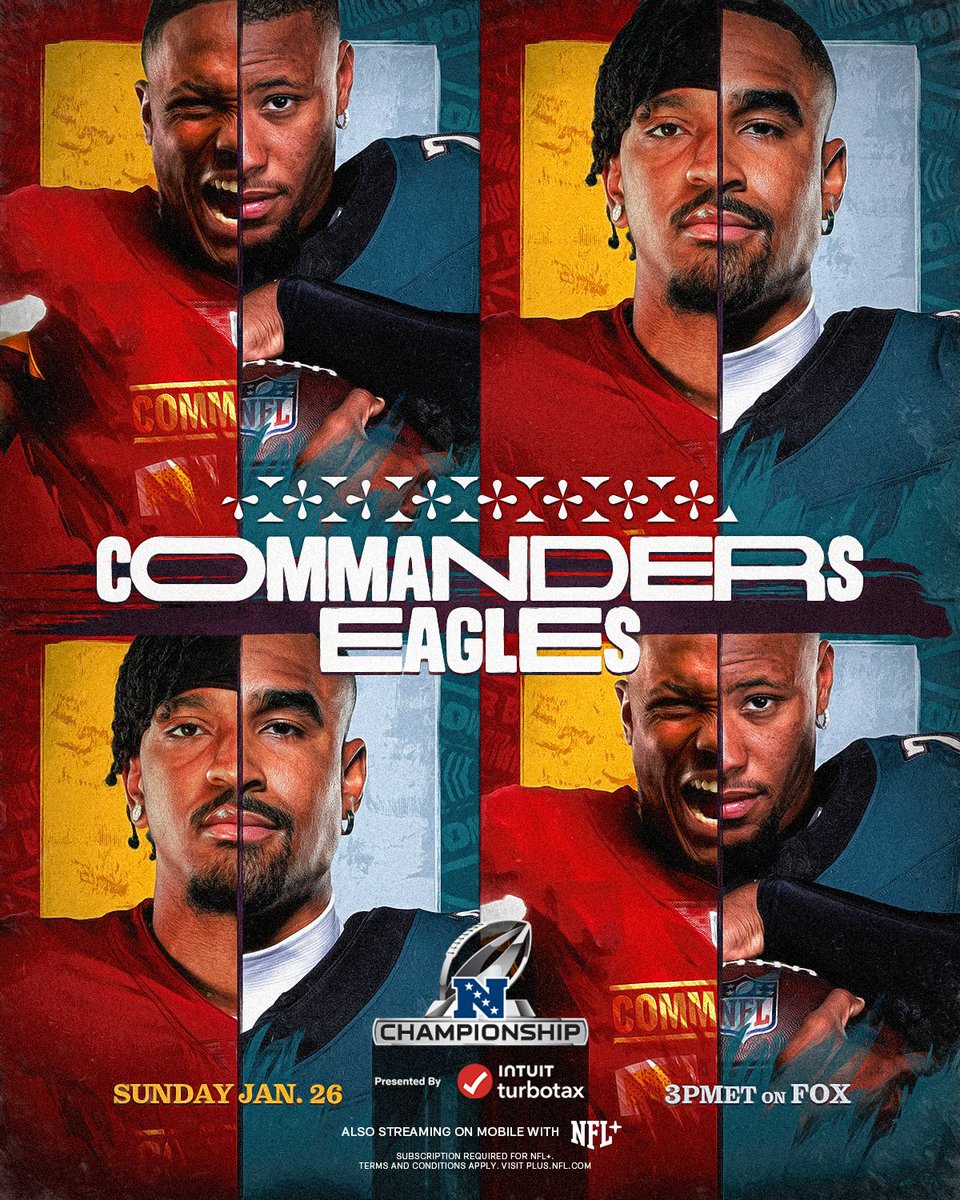 NFL's tweet photo. Split their two regular season meetings... Third one is for a trip to Super Bowl LIX 👀

📺: #WASvsPHI – Sunday 3pm ET on FOX
📱: Stream on #NFLPlus https://t.co/WpsyCuyaEF