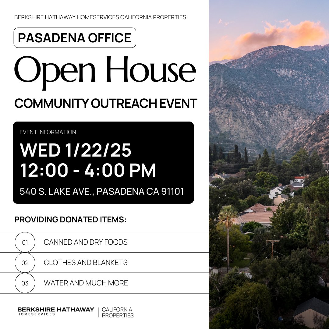RebeccaSellsLA's tweet photo. If you or anyone else you know is in need of items to help them due to the fires? Stop by today at our Pasadena office from 12pm-4pm where you can find clothing, canned food, water, and much more! The Berkshire Hathaway HomeServices Community cares about our everyone affected,... https://t.co/GdJZkckxiq