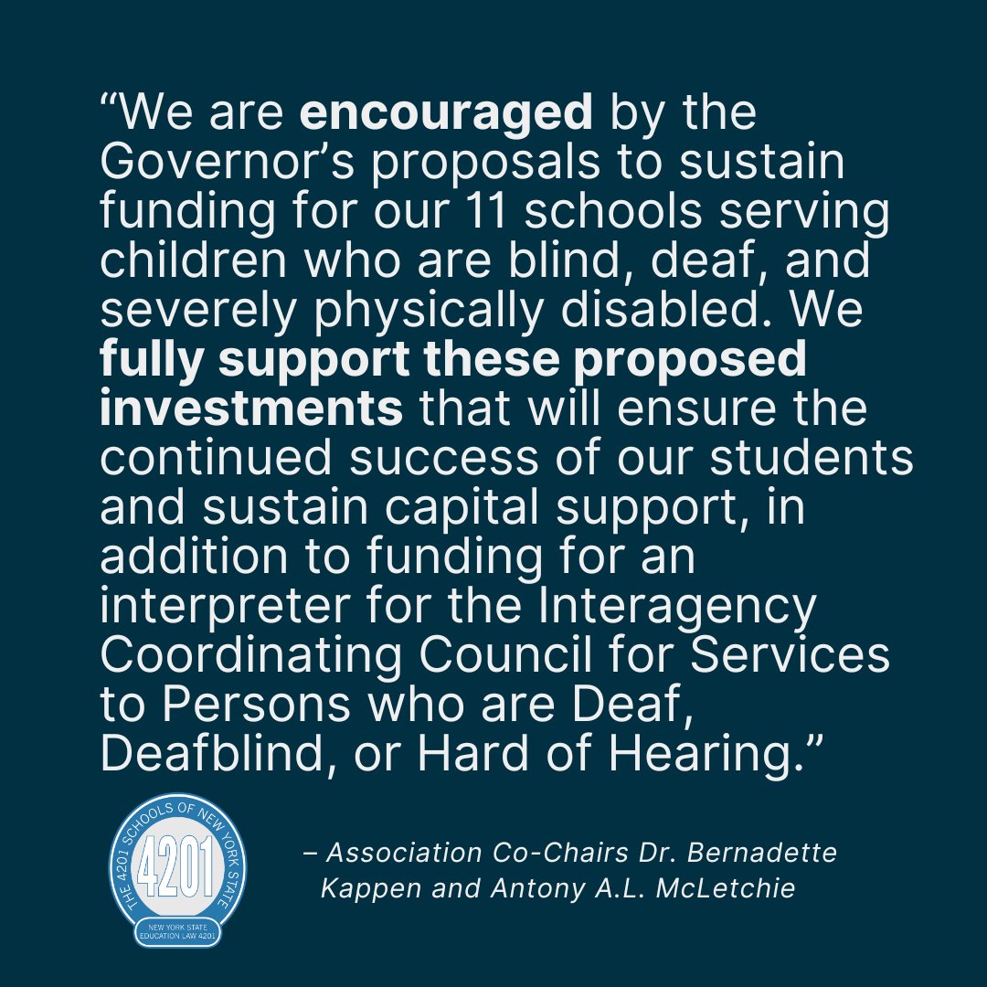 4201 Schools (@4201schools) on Twitter photo 1/3 - We are encouraged by <a href="/GovKathyHochul/">Governor Kathy Hochul</a>'s proposals to sustain funding for our 11 schools serving children who are blind, deaf, and severely physically disabled. We fully support these proposed investments that will ensure the continued success of our students. 1/3 - We are encouraged by <a href="/GovKathyHochul/">Governor Kathy Hochul</a>'s proposals to sustain funding for our 11 schools serving children who are blind, deaf, and severely physically disabled. We fully support these proposed investments that will ensure the continued success of our students.