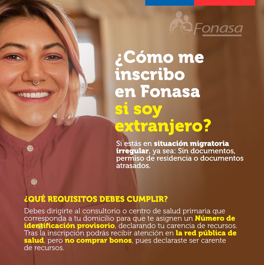 Fonasa's tweet photo. 📌Independiente de tu situación actual, puedes inscribirte en #Fonasa para obtener acceso a las prestaciones de salud.

📋 Para conocer los requisitos sigue este paso a paso para #extranjeros en condición irregular o con visa en trámite sin y con contrato de trabajo. https://t.co/Uw5tg0kpQD