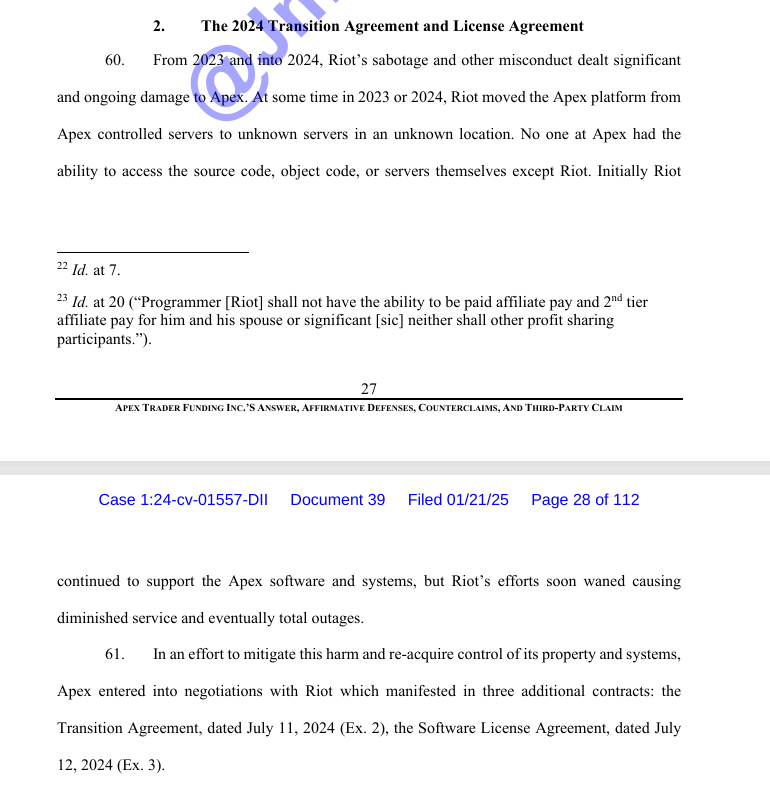 jmutrades's tweet photo. Apex claims that starting in 2023 and continuing into 2024 that Leo Riot began to sabotage Apex causing significant damage and entered into this and other agreements in an effort to mitigate harm caused to Apex's business. 🧵 https://t.co/du9S7CJ2cP