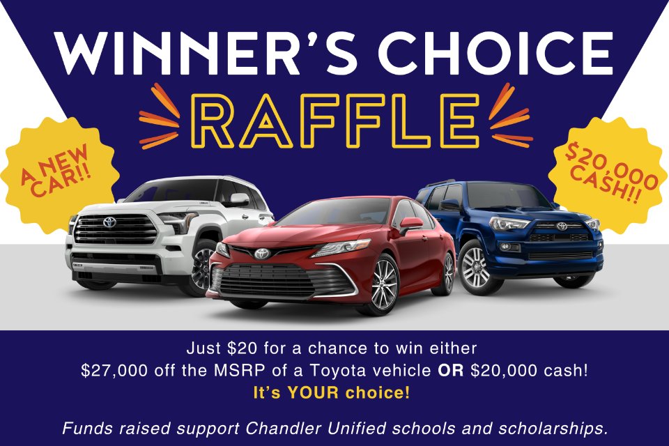 Chandler Education Foundation (@chandleredfound) on Twitter photo Winner's Choice Car or Cash Raffle is HERE!! Support <a href="/ChandlerUnified/">Chandler Unified School District</a> schools and scholarships while taking a shot at the Grand Prize: $27,000 toward any Toyota OR $20,000 cash!
Don’t wait—grab your tickets NOW at zurl.co/kukFS!
#CEFRaffle2025 #WeAreChandlerUnified Winner's Choice Car or Cash Raffle is HERE!! Support <a href="/ChandlerUnified/">Chandler Unified School District</a> schools and scholarships while taking a shot at the Grand Prize: $27,000 toward any Toyota OR $20,000 cash!
Don’t wait—grab your tickets NOW at zurl.co/kukFS!
#CEFRaffle2025 #WeAreChandlerUnified