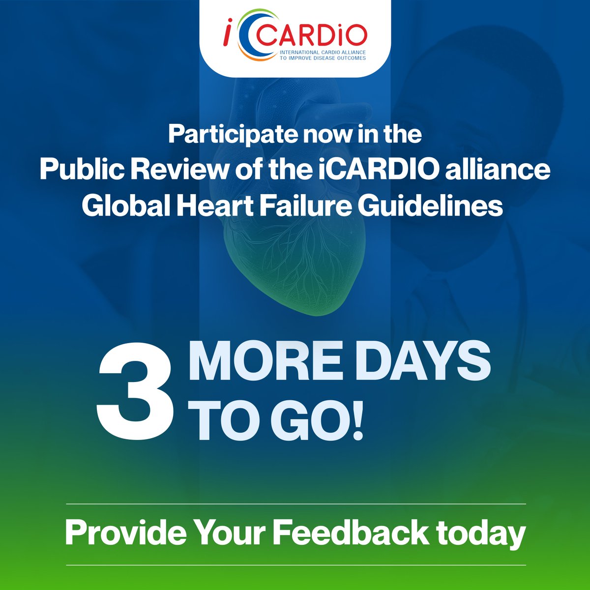 iCardio (@icardioalliance) on Twitter photo Just 3 days left! The iCARDIO Public Review closes on 25 January. This is your chance to influence global heart failure guidelines.
Submit your feedback today: icardioalliance.org/public-reviews/
<a href="/ShelleyZieroth/">Shelley Zieroth</a>
<a href="/fjpinto1960/">Fausto Pinto</a>
<a href="/LawrenceSherman/">Lawrence Sherman</a>
<a href="/tmacademy_org/">Translational Medicine Academy (TMA)</a>
<a href="/GlobalHeartHub/">Global Heart Hub</a>
<a href="/GULFHeartAssoc/">Gulf Heart Association</a> Just 3 days left! The iCARDIO Public Review closes on 25 January. This is your chance to influence global heart failure guidelines.
Submit your feedback today: icardioalliance.org/public-reviews/
<a href="/ShelleyZieroth/">Shelley Zieroth</a>
<a href="/fjpinto1960/">Fausto Pinto</a>
<a href="/LawrenceSherman/">Lawrence Sherman</a>
<a href="/tmacademy_org/">Translational Medicine Academy (TMA)</a>
<a href="/GlobalHeartHub/">Global Heart Hub</a>
<a href="/GULFHeartAssoc/">Gulf Heart Association</a>