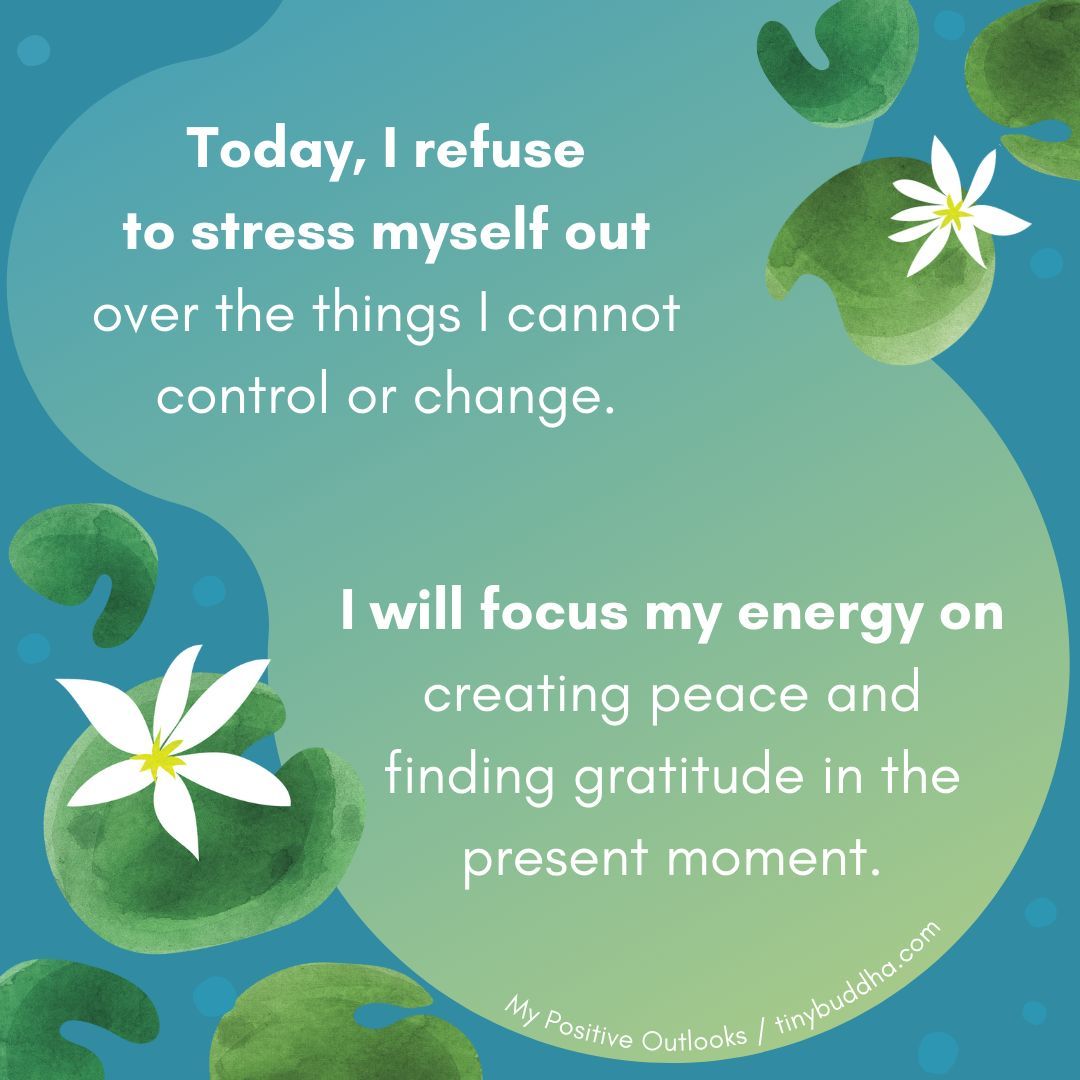 "Today, I refuse to stress myself out over the things I cannot control or change. I will focus my energy on creating peace and finding gratitude in the present moment."