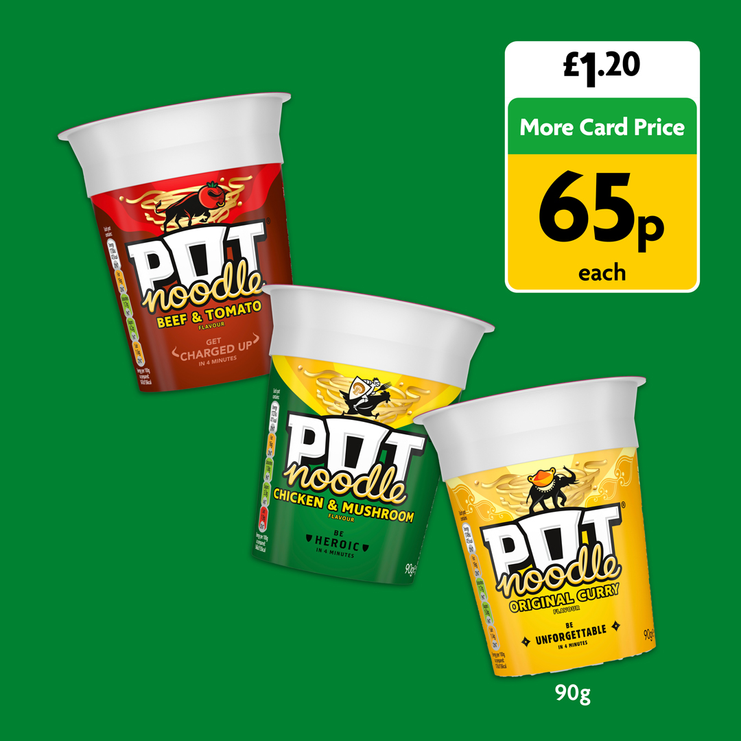 Morrisons's tweet photo. Pay less with More Card 🛒 Be sure not to miss this weeks deals on Pot Noodle, Brunch and Kellogg's Krave cereal #MoreReasons #MoreCard #MorrisonsValue https://t.co/gcIfTYKfO3