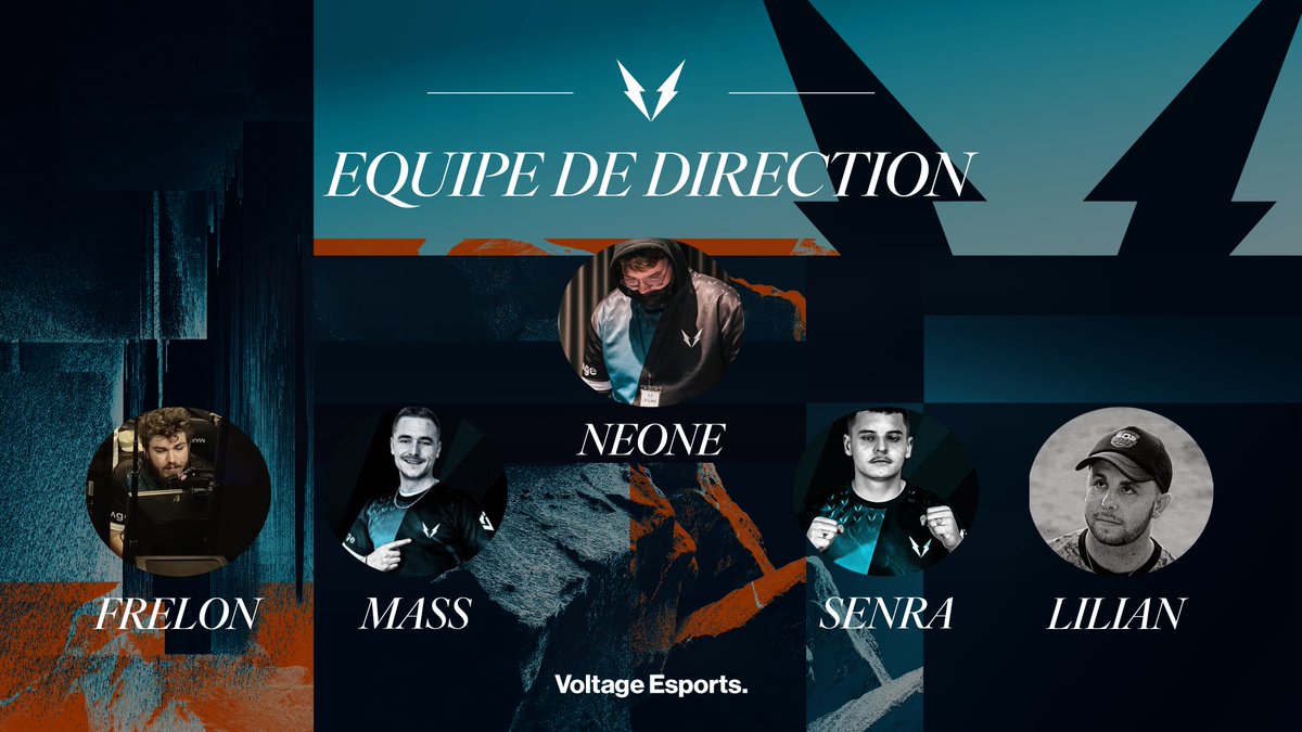 EQUIPE DE DIRECTION ! 👔

Nous sommes heureux de vous présenter l'équipe qui sera aux commandes du club ! #WeAreVoltage⚡️

🔹<a href="/NeoneVLT/">Neone</a>
🔹<a href="/FrelonNRV/">Frelon</a>
🔹<a href="/SENRAGG/">Senra</a>
🔹<a href="/MassFN_/">Mass</a>
🔹<a href="/L1liann/">Lilian</a>

Bon retour chez toi MASS 🤝