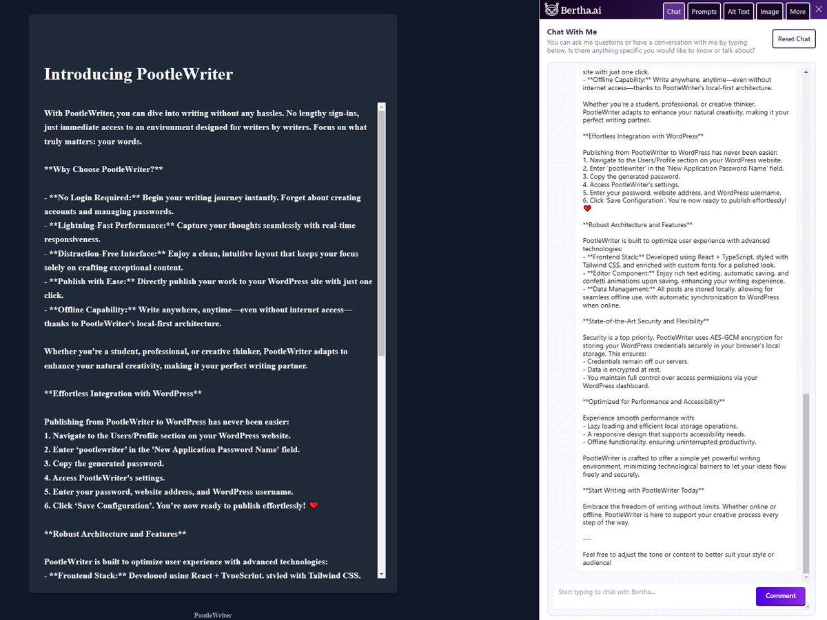 BerthaAI_'s tweet image. Hey! Have you seen the new writing tool from @pootlepress It lets you write in the browser - without AI but - guess what - I am in Chrome based browsers so you can ask me to help you if you get stuck! - How good is that? Take a look at Pootle Writer here: pootlewriter.com