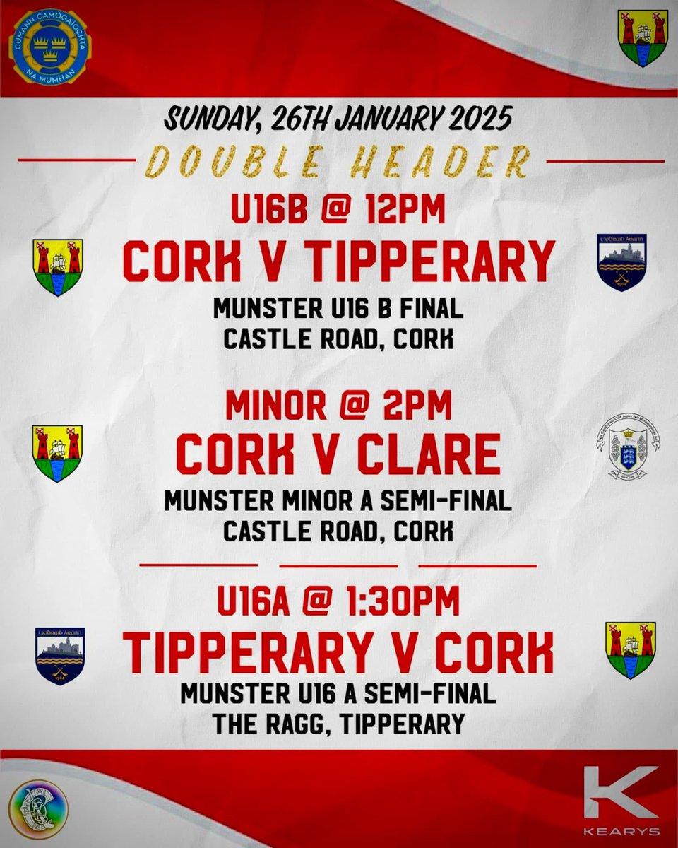 Best of luck to <a href="/KinsaleComSch/">Kinsale Community School</a> students representing their county in Munster Camogie Finals and Semi Finals over the weekend 🔴⚪️
U16A-Aisling Coleman 
U16B-Caoimhe Foley
Minor-Aoife Cottrell, Caoimhe Horgan, Catherine Murphy  
Fantastic achievement girls 🔵🟡 <a href="/CorkCamogie/">OfficialCorkCamogie</a>