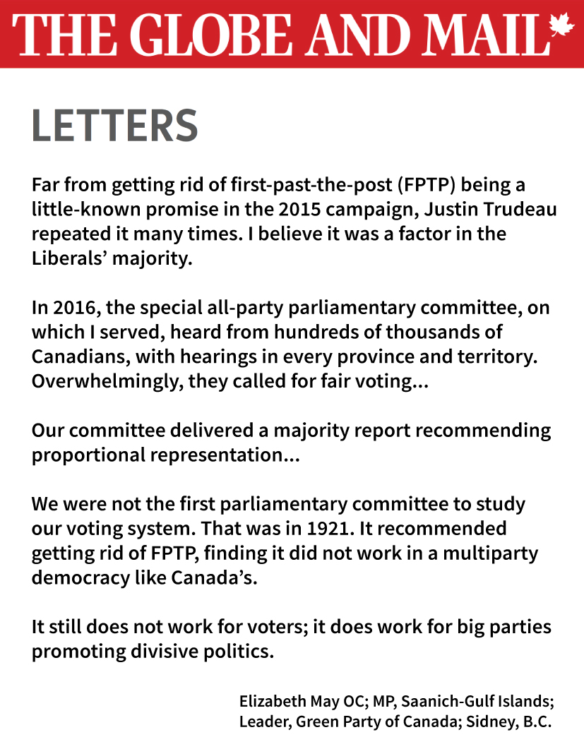 Trudeau promised electoral reform. Canadians demanded it. A parliamentary committee recommended it.

Yet, here we are.

<a href="/ElizabethMay/">Elizabeth May</a>'s response to the Globe and Mail reminds us why we still need proportional representation.