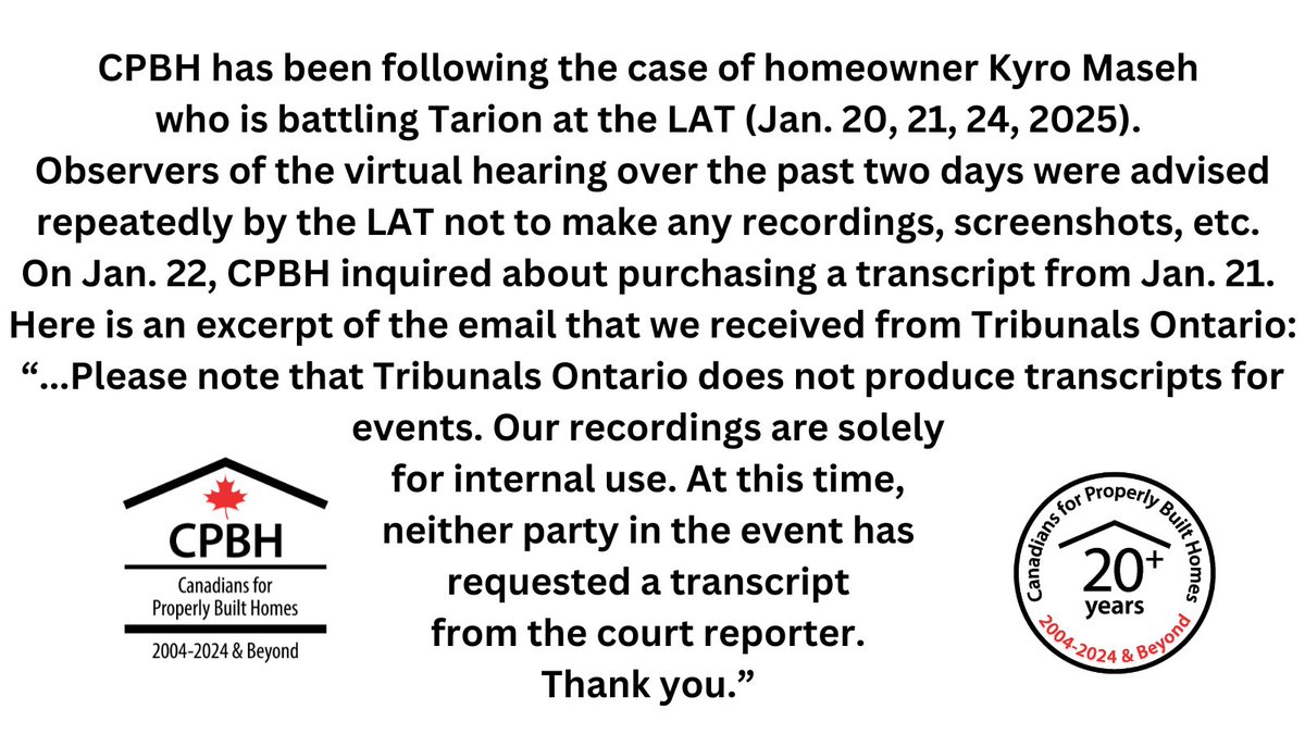 CPBH01's tweet photo. We are continuing to ask the LAT about this to clarify their position, but it seems that we (as observers) are unable to purchase a transcript from the LAT. 

#PeopleVsTarion #onpoli 

.@KyroMaseh @LucilleCollard @kristynwongtam @MikeSchreiner https://t.co/gJteR9HiTR