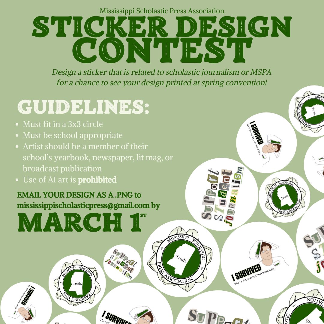 Submissions for the MSPA Sticker Design Contest are NOW OPEN 🎉
Design a sticker that is related to scholastic journalism or MSPA for a chance to see your design printed at our spring convention! 
Get to sketching! Our deadline is March 1st! ✍️