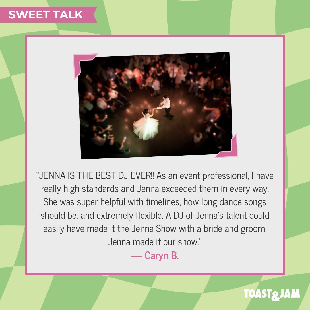 When your DJ knows how to really make your event all about you. 👏🎧 Shoutout to Jenna for turning it up without stealing the spotlight. Thanks for the glowing review, Caryn, your husband is a lucky one!