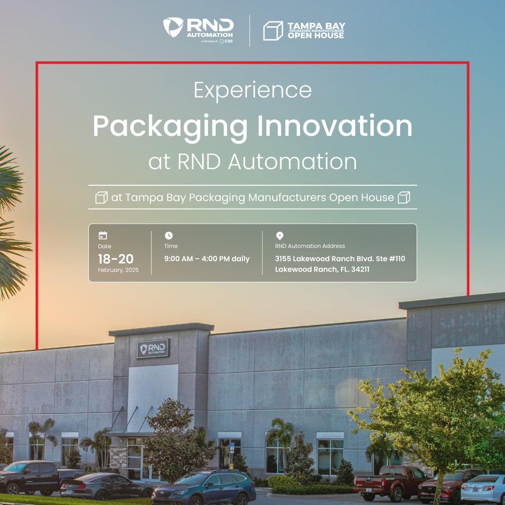 RNDAutomation's tweet photo. Join us at the Tampa Bay Packaging Manufacturers Open House from February 18–20, 2025!

• Dates: February 18–20, 2025
• Time: 9:00 AM – 4:00 PM daily
• Location: RND Automation Headquarters, Lakewood Ranch, FL

#Packaging #Automation #OpenHouse2025 https://t.co/7SYx5nVYv8