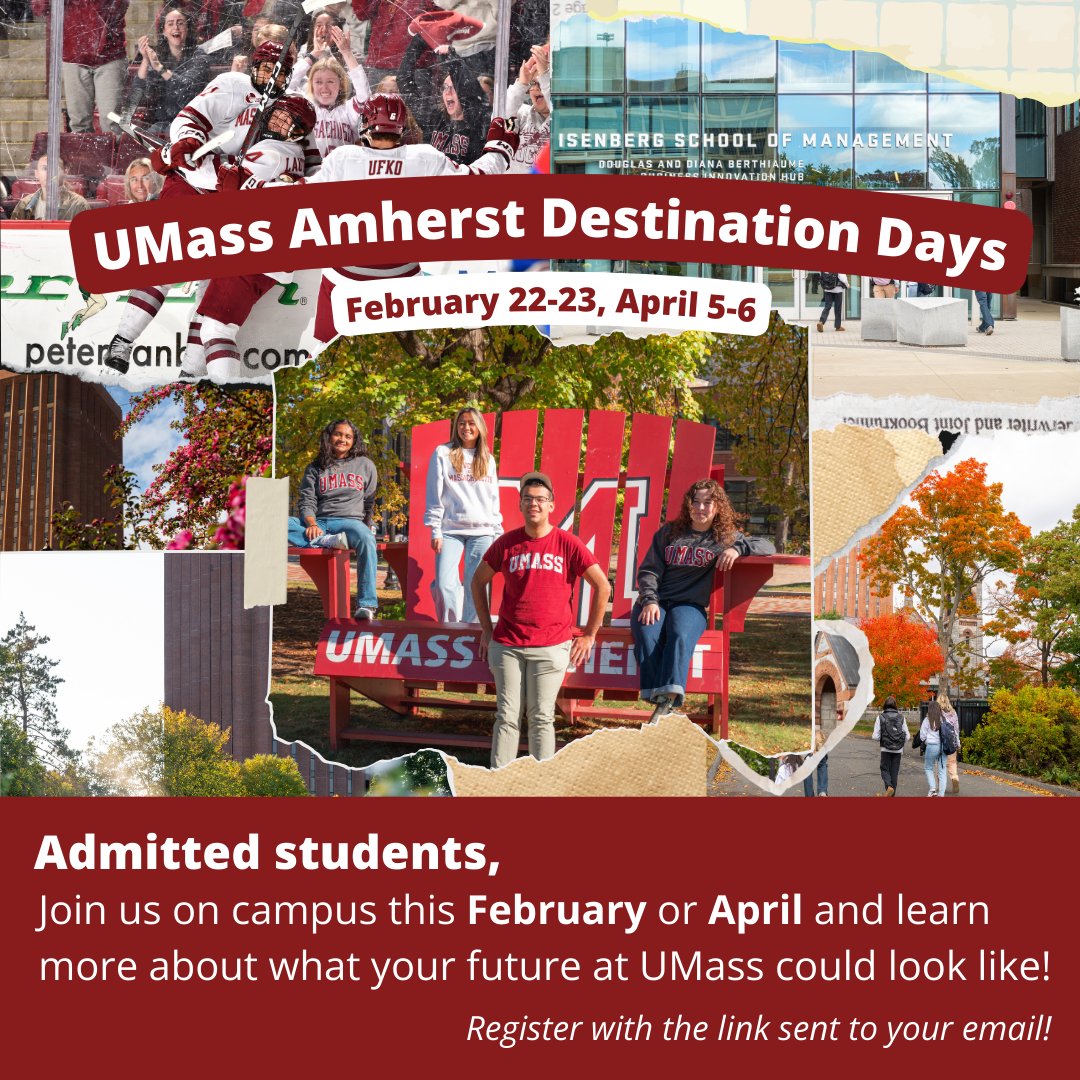 UMass Undergraduate Admissions (@umassadmissions) on Twitter photo ❗First-year EA admitted students❗
Registration for <a href="/umass/">University of Massachusetts</a> Destination Days is now live! Join us on campus this February or April and learn more about what your future at UMass could look like! ❗First-year EA admitted students❗
Registration for <a href="/umass/">University of Massachusetts</a> Destination Days is now live! Join us on campus this February or April and learn more about what your future at UMass could look like!