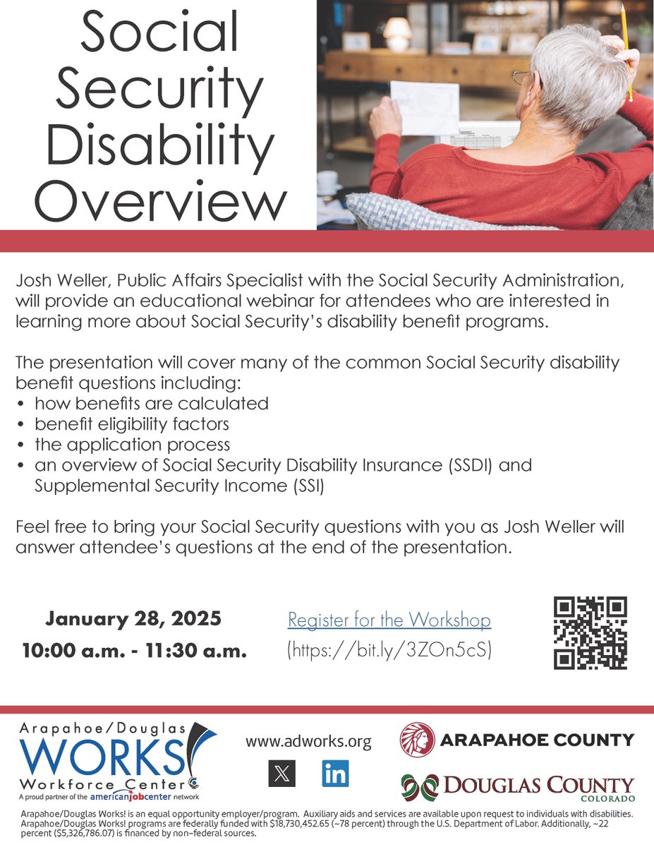 adworks303's tweet image. Are you interested in learning more about Social Security’s disability benefit programs? The presentation on January 28, 2025 will cover common Social Security Disability benefit questions. Register to attend at buff.ly/49L3TBu.
#SSA #SSDI #SSI #Benefits