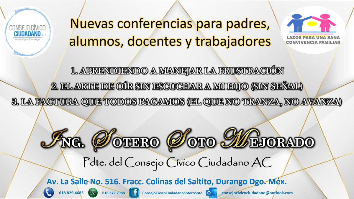 ¡¡Atención!! Lleva una conferencia diferente y comienza este año #motivando #concientizando #Informando #sensibilizando a los alumnos, docentes y padres de familia. <a href="/COBAEDoficial/">COBAED</a> <a href="/CECyTEDurango/">CECyTE Durango</a> <a href="/cbta3dgo/">CBTA No.3</a> <a href="/SEED_Dgo/">Secretaría de Educación del Estado de Durango</a> <a href="/UJED_Oficial/">Universidad Juárez del Estado de Durango</a> <a href="/APFDGO/">Asociación de Padres de Familia INTERFAC AC. Dgo.</a> <a href="/ColegioEspana/">Colegio España</a> <a href="/DIFMunicipalDgo/">DIF Municipal Durango</a> <a href="/stypsdgo/">STyPSDGO</a>
