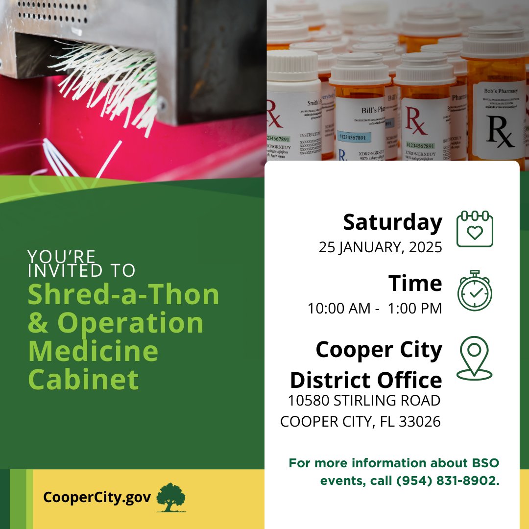 CooperCityGOV's tweet photo. BSO is hosting a Shred-a-Thon and Operation Medicine Cabinet at our BSO Cooper City District on Saturday, January 25th from 10 AM - 1 PM. 

More information: https://t.co/y3T8twzPDM. https://t.co/eAC8U6x8S2