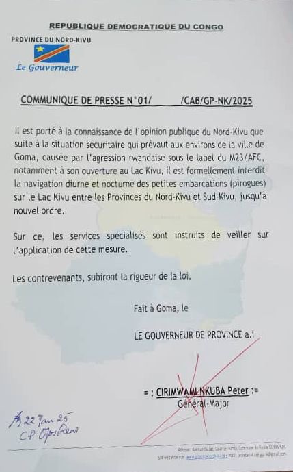 GTampaka11384's tweet photo. #RDC : Il est formellement interdit
la navigation diurne et nocturne de petites embarcations (#Pirogues)
sur le Lac Kivu entre les provinces du Nord-Kivu et Sud-Kivu, jusqu'a
nouvel ordre, annonce le Gouverneur Militaire a.i de la province du Nord-Kivu. https://t.co/n7KCTRPJDX