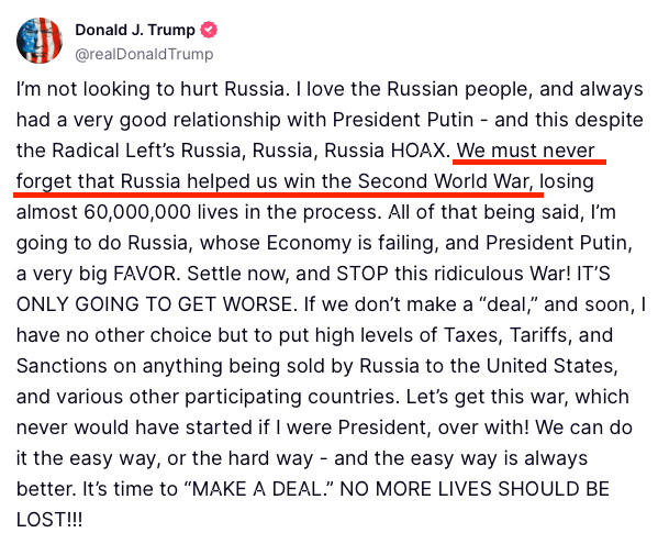 "No debemos nunca olvidar que Rusia nos ayudó a ganar la Segunda Guerra Mundial". Ignorancia brutal: fue la Unión Soviética, no "Rusia", la que enfrentó el mayor sacrificio. Ah, y era comunista. Irónico para quienes odian a los comunistas.