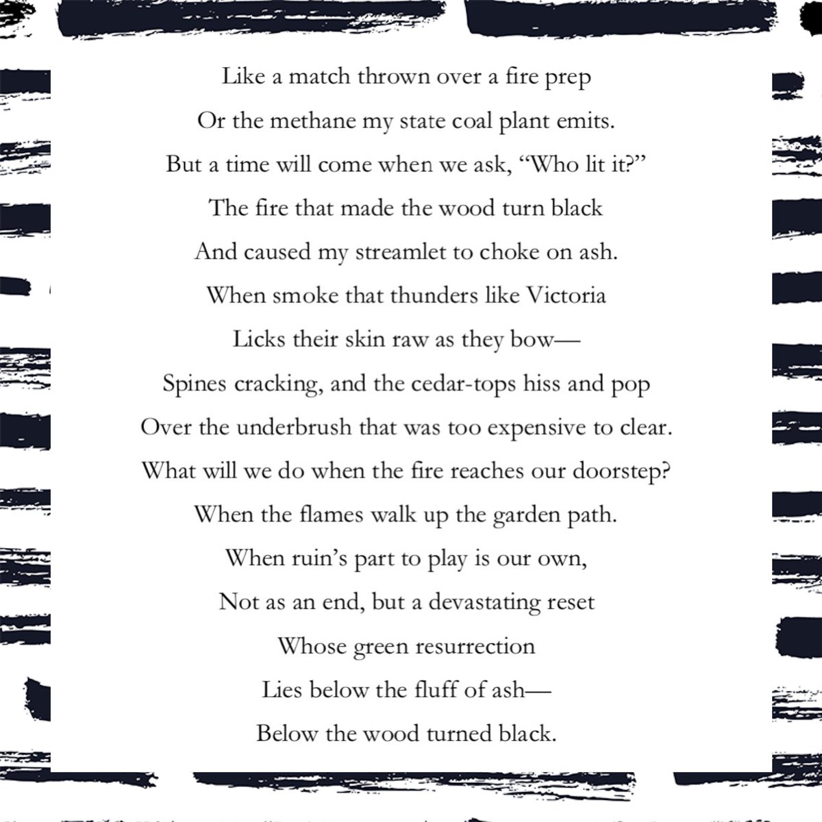 My heart goes out to all those affected by the wildfires in California these last few weeks. 

You can read more of my thoughts on instagram, however, if you enjoyed this poem, I will be posting more writing in the future on my Substack at:
cmarshallbishop.substack.com/p/the-wood-tur…
