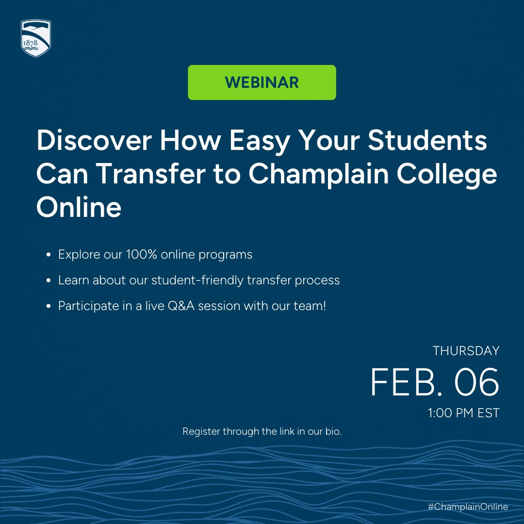 champlainonline's tweet image. 💻 Calling all community college advisors! Help your students take the next step with ease. Join our free webinar on 2/6/24 at 1pm EST to discover how CCO makes transferring seamless for your graduates. 

Registration: bit.ly/4h4e5aZ  

#highered #VCCS #communitycollege