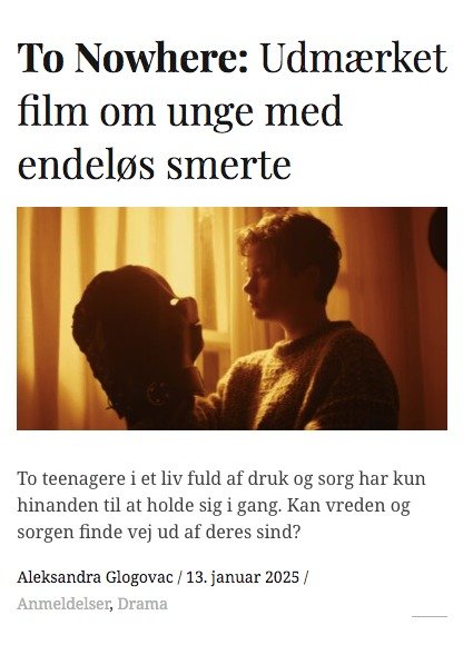 Our first Danish review ! We're streaming in Denmark on <a href="/AppleTV/">Apple TV</a> . We were fortunate to work two awe-inspiring Danish talents Josefine Glæsel  &amp; Mads Junker ♥️ 
nosferadio.dk/to-nowhere-udm…

#tonowherefilm