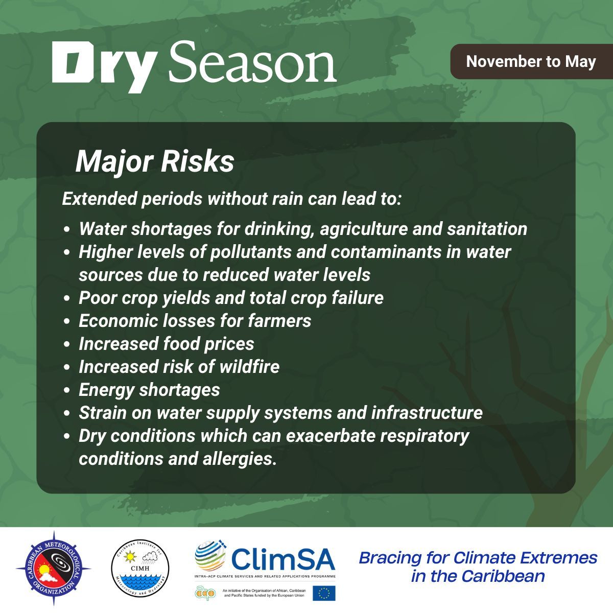 CIMH (@cimhbb) on Twitter photo The 2024-2025 dry season is underway & it’s essential to be mindful of key risks, from water shortages to fire hazards. By focusing on economic & energy planning, practicing wildfire prevention & taking health precautions, we can reduce these impacts <a href="/intraacpclimsa/">ClimSA Programme</a> <a href="/euinbarbados/">EUinBarbados</a> The 2024-2025 dry season is underway & it’s essential to be mindful of key risks, from water shortages to fire hazards. By focusing on economic & energy planning, practicing wildfire prevention & taking health precautions, we can reduce these impacts <a href="/intraacpclimsa/">ClimSA Programme</a> <a href="/euinbarbados/">EUinBarbados</a>