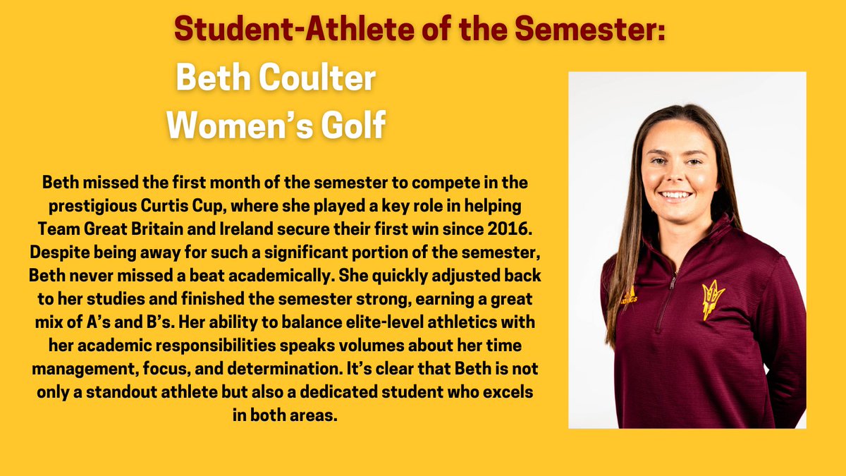 Sun Devil OSAD (@sundevil_osad) on Twitter photo Our final shoutout is for our Most Improved Female student-athlete of the semester, Beth Coulter from <a href="/SunDevilWGolf/">Sun Devil W. Golf</a>! Your hard work has paid off and we want to recognize all the hard work you've put in. Keep it up, Beth! <a href="/TheSunDevils/">Arizona State Sun Devils</a> #O2V! Our final shoutout is for our Most Improved Female student-athlete of the semester, Beth Coulter from <a href="/SunDevilWGolf/">Sun Devil W. Golf</a>! Your hard work has paid off and we want to recognize all the hard work you've put in. Keep it up, Beth! <a href="/TheSunDevils/">Arizona State Sun Devils</a> #O2V!