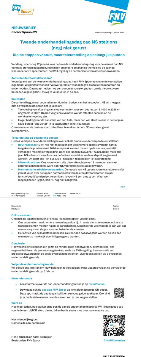 Tweede onderhandelingsdag cao NS stelt ons  (nog) niet gerust Kleine stappen vooruit, maar teleurstelling op belangrijke punten 
#FNVSpoor #NS #Cao #Arbeidsverhoudingen #Arbeidsvoorwaarden #Zwaarwerkregeling #RVU
#Vakbond #FNV